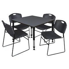 42 in. Square Adjustable Classroom Table- Grey & 4 Zeng Stack Chairs- Black
