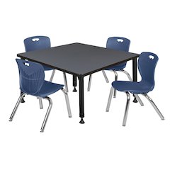 42 Square Adjustable Classroom Table- Grey & 4 Andy 12 Stack Chairs- Blue