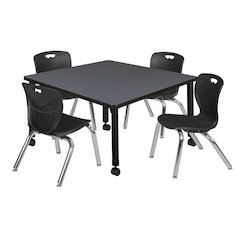 42 Square Mobile Classroom Table- Grey & 4 Andy 12 Stack Chairs- Black