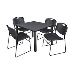 42 in Square Breakroom Table- Grey Top, Black Legs, 4 Zeng Stack Chairs- Black