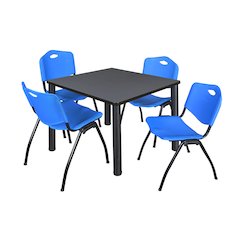 42 in Square Breakroom Table- Grey Top, Black Legs, 4 M Stack Chairs- Blue