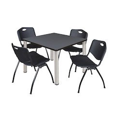42 in Square Breakroom Table- Grey Top, Chrome Legs, 4 M Stack Chairs- Black