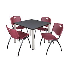 42 in Square Breakroom Table- Grey Top, Chrome Legs, 4 M Stack Chairs- Burgundy