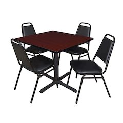 42 Square X-Base Breakroom Table- Mahogany & 4 Restaurant Stack Chairs- Black