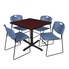 42 in. Square X-Base Breakroom Table- Mahogany & 4 Zeng Stack Chairs- Blue
