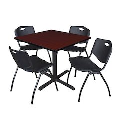 42 in. Square X-Base Breakroom Table- Mahogany & 4 M Stack Chairs- Black