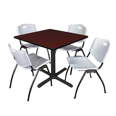 42 in. Square X-Base Breakroom Table- Mahogany & 4 M Stack Chairs- Grey