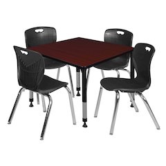 42 Square Adjustable Classroom Table- Mahogany & 4 Andy 18 Stack Chairs- Black