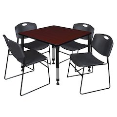 42 in. Square Adjustable Classroom Table- Mahogany & 4 Zeng Stack Chairs- Black