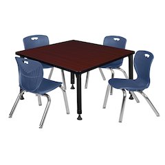 42 Square Adjustable Classroom Table- Mahogany & 4 Andy 12 Stack Chairs- Blue