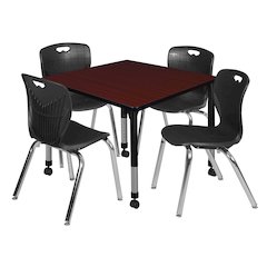 42 Square Mobile Classroom Table- Mahogany & 4 Andy 18 Stack Chairs- Black
