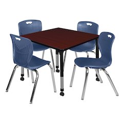 42 Square Mobile Classroom Table- Mahogany & 4 Andy 18 Stack Chairs- Blue