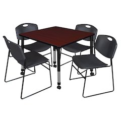 42 Square Mobile Classroom Table- Mahogany & 4 Zeng Stack Chairs- Black