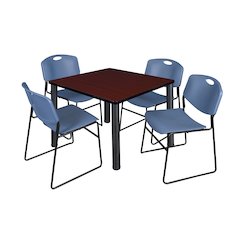 42 Square Breakroom Table- Mahogany Top, Black Legs, 4 Zeng Stack Chairs- Blue