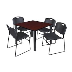 42 Square Breakroom Table- Mahogany Top, Black Legs, 4 Zeng Stack Chairs- Black