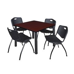 42 in Square Breakroom Table- Mahogany Top, Black Legs, 4 M Stack Chairs- Black