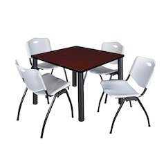 42 in Square Breakroom Table- Mahogany Top, Black Legs, 4 M Stack Chairs- Grey