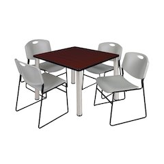 42 Square Breakroom Table- Mahogany Top, Chrome Legs, 4 Zeng Stack Chairs- Grey