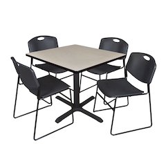42 in. Square X-Base Breakroom Table- Maple & 4 Zeng Stack Chairs- Black