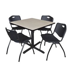42 in. Square X-Base Breakroom Table- Maple & 4 M Stack Chairs- Black