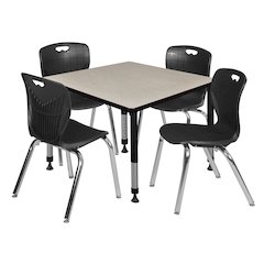 42 Square Adjustable Classroom Table- Maple & 4 Andy 18 Stack Chairs- Black
