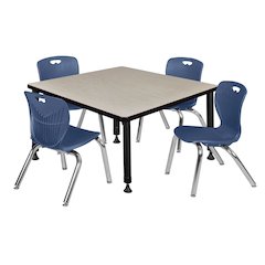 42 Square Adjustable Classroom Table- Maple & 4 Andy 12 Stack Chairs- Blue
