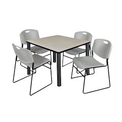 42 in Square Breakroom Table- Maple Top, Black Legs, 4 Zeng Stack Chairs- Grey