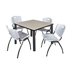 42 in Square Breakroom Table- Maple Top, Black Legs, 4 M Stack Chairs- Grey