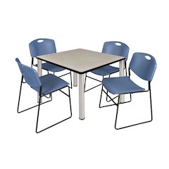 42 in Square Breakroom Table- Maple Top, Chrome Legs, 4 Zeng Stack Chairs- Blue