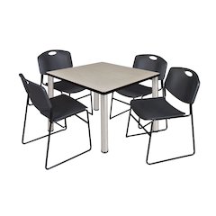 42 in Square Breakroom Table- Maple Top, Chrome Legs, 4 Zeng Stack Chairs- Black