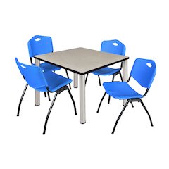 42 in Square Breakroom Table- Maple Top, Chrome Legs, 4 M Stack Chairs- Blue