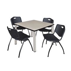 42 in Square Breakroom Table- Maple Top, Chrome Legs, 4 M Stack Chairs- Black