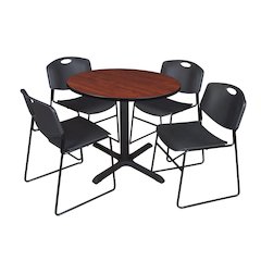 42 in. Round X-Base Breakroom Table- Cherry & 4 Zeng Stack Chairs- Black
