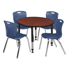 42 Round Adjustable Classroom Table- Cherry & 4 Andy 18 Stack Chairs- Blue