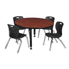 42 Round Adjustable Classroom Table- Cherry & 4 Andy 12 Stack Chairs- Black