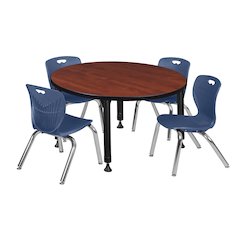 42 Round Adjustable Classroom Table- Cherry & 4 Andy 12 Stack Chairs- Blue