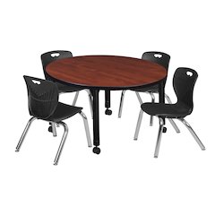 42 Round Adjustable Classroom Table- Cherry & 4 Andy 12 Stack Chairs- Black