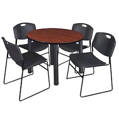 42 in Round Breakroom Table- Cherry Top, Black Legs, 4 Zeng Stack Chairs- Black