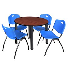 42 in Round Breakroom Table- Cherry Top, Black Legs, 4 M Stack Chairs- Blue