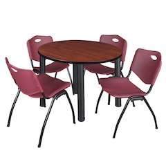 42 in Round Breakroom Table- Cherry Top, Black Legs, 4 M Stack Chairs- Burgundy
