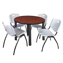 42 in Round Breakroom Table- Cherry Top, Black Legs, 4 M Stack Chairs- Grey