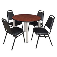 42 in Round Breakroom Table- Cherry Top, Chrome Legs, 4 Restaurant Stack Chairs
