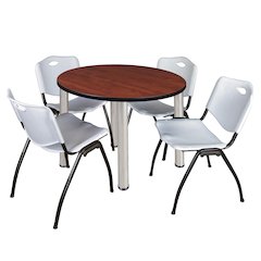 42 in Round Breakroom Table- Cherry Top, Chrome Legs, 4 M Stack Chairs- Grey