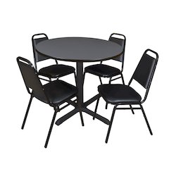 42 in. Round X-Base Breakroom Table- Grey & 4 Restaurant Stack Chairs- Black