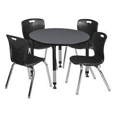 42 Round Adjustable Classroom Table- Grey & 4 Andy 18 Stack Chairs- Black