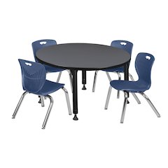 42 in. Round Adjustable Classroom Table- Grey & 4 Andy 12 in. Stack Chairs- Blue