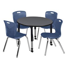 42 in. Round Adjustable Classroom Table- Grey & 4 Andy 18 in. Stack Chairs- Blue