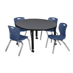 42 in. Round Adjustable Classroom Table- Grey & 4 Andy 12 in. Stack Chairs- Blue