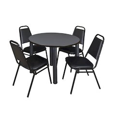 42 in Round Breakroom Table- Grey Top, Black Legs, 4 Restaurant Stack Chairs