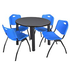 42 in Round Breakroom Table- Grey Top, Black Legs, 4 M Stack Chairs- Blue